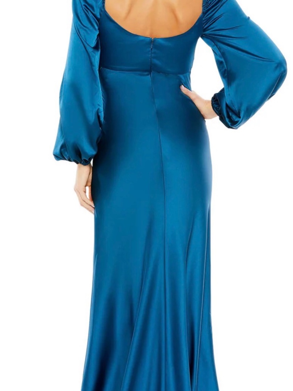 Mac Duggal Teal Empire-Waist Long Sleeve Evening Gown - Picture 4 of 7